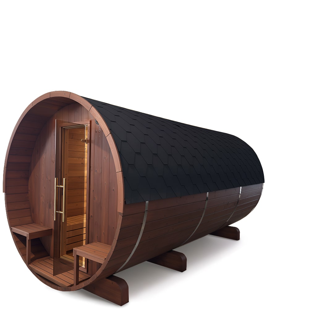Duża sauna beczkowa z przedsionkiem | Wstępnie zmontowana w fabryce