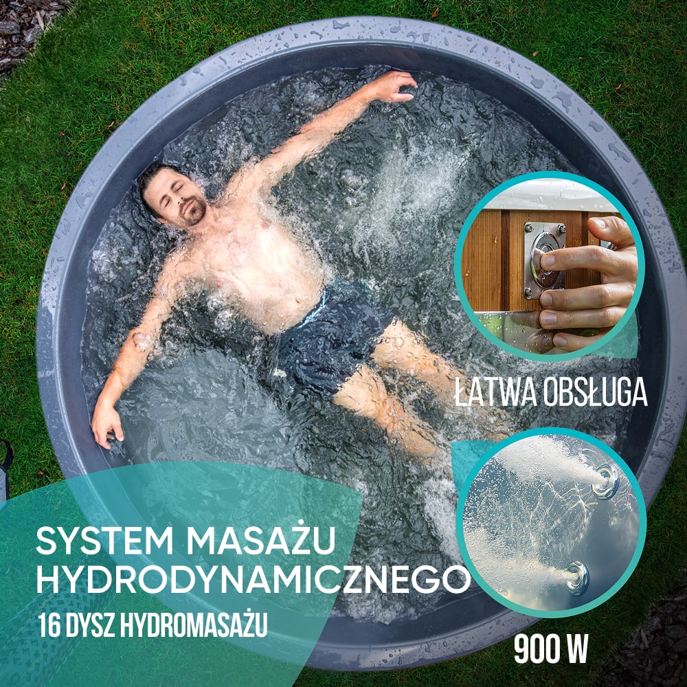 Wood fired hot tub | 16 hydro & 12 air jets | Grey fibreglass insert | for 4-6 Persons | Pre-configured