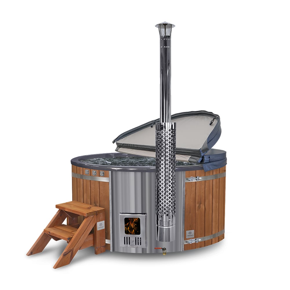Wood fired hot tub | 16 hydro & 12 air jets | Grey fibreglass insert | for 4-6 Persons | Pre-configured