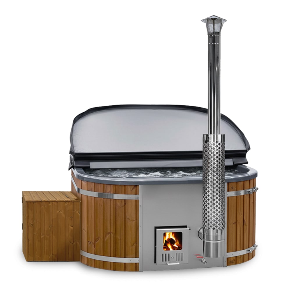 Square Wood Fired Hot Tub for 4-6 with Premium Filter & Targeted Massage with 24 Hydro Jets | Integrated stove