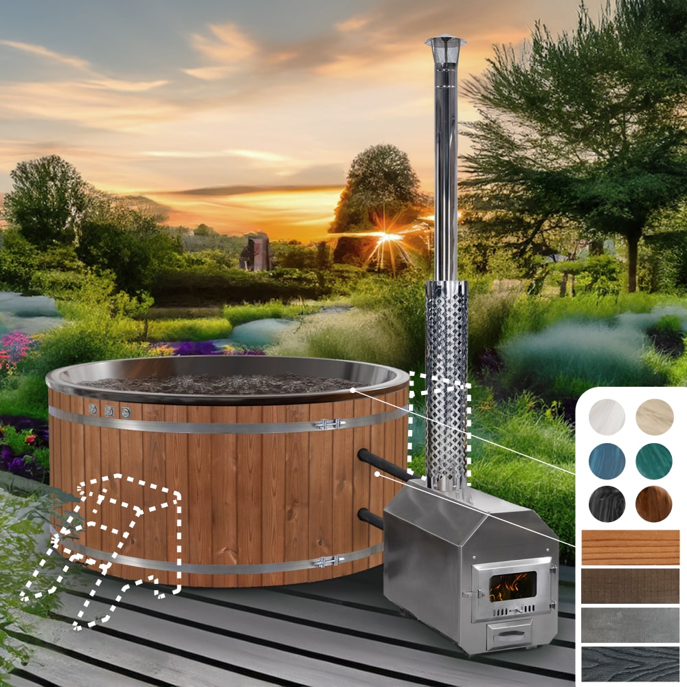 A round hot tub with thermoWood cladding and an external stainless steel heater with a chimney flue.