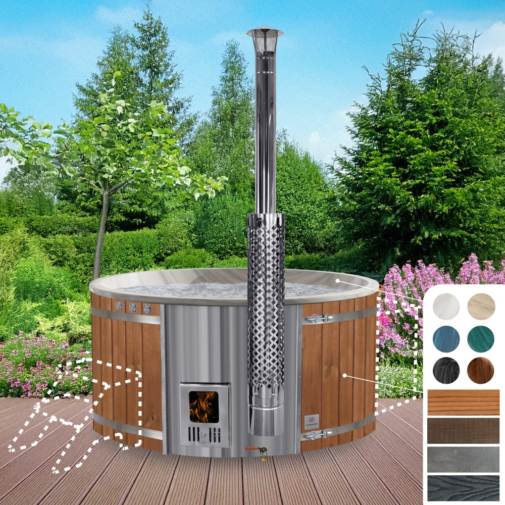 A round wood fired hot tub with marble colors, featuring wooden cladding and a stainless steel chimney.