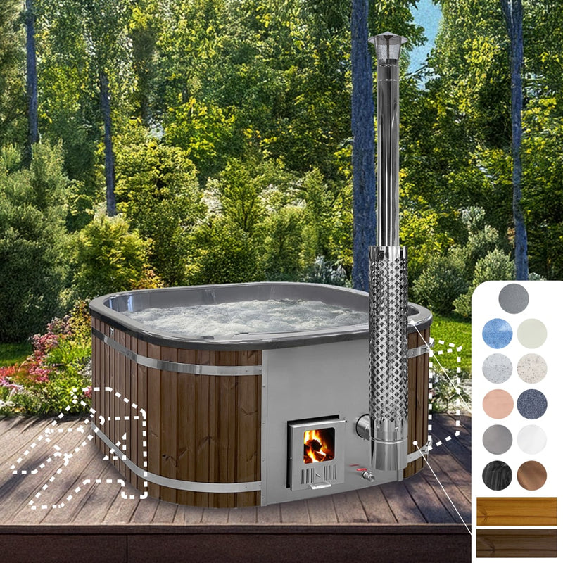 configure square wood fired hot tub for 4-6 persons with integrated stainless steel heater and ThermoWood cladding in outdoor forest setting