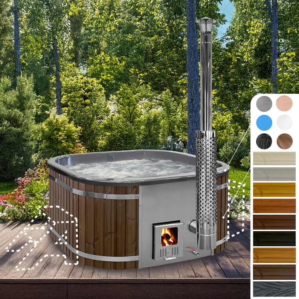 A square-shaped wood fired hot tub with metallic colors, featuring spruce wood paneling and a visible integrated heater with a chimney flue.
