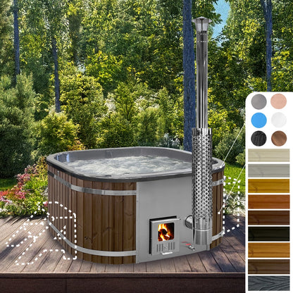 A square-shaped wood fired hot tub with metallic  colors, featuring spruce wood paneling and a visible integrated heater with a chimney flue in a garden setting