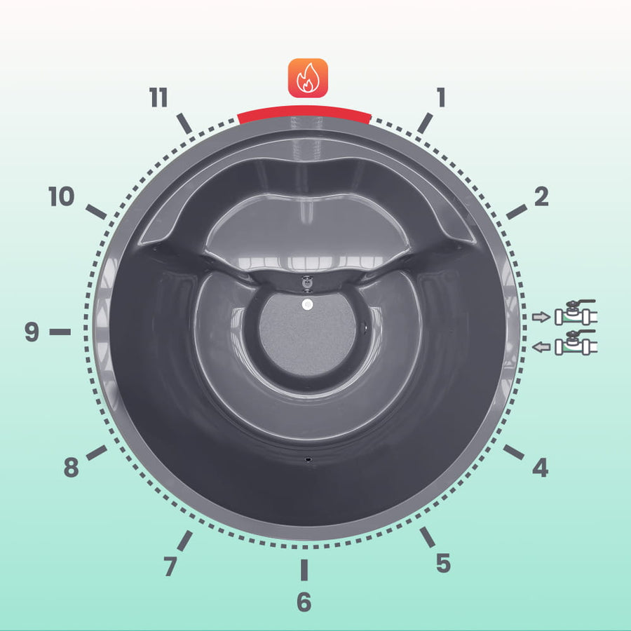 Gray tub liner with marked locations for the heater and filter connections