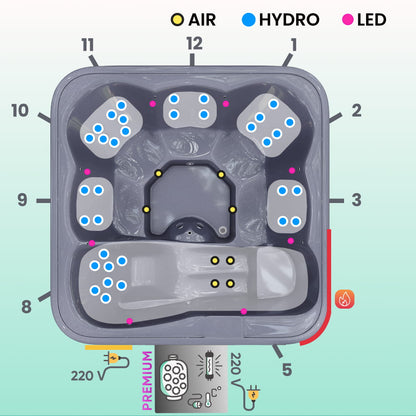 Premium Square Wood-Fired Hot Tub with 34 Hydro Jets & Reclining Lounger – Seats 6