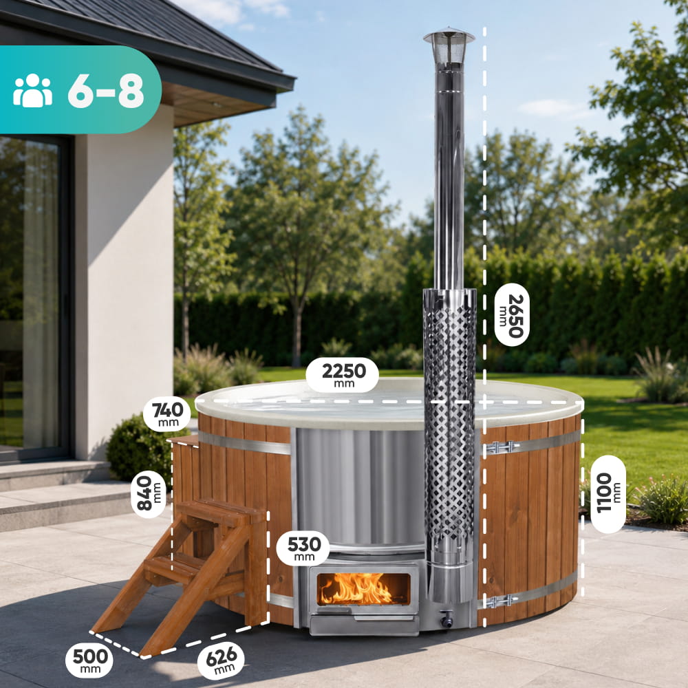 Hot tub with dimensions labeled outdoors near a house