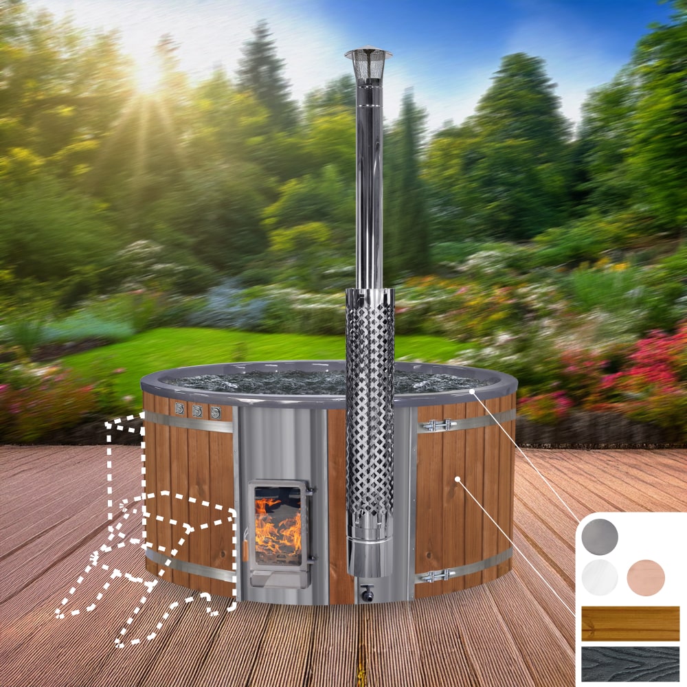 Wood-fired hot tub with wooden exterior and metal interior on a white background