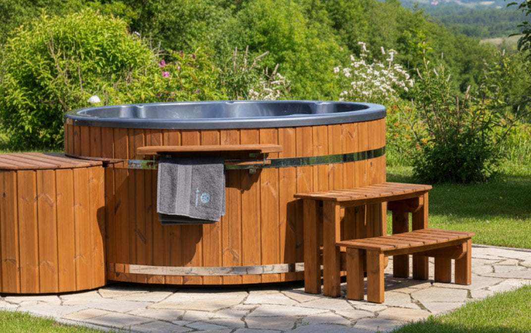 Outdoor view of wood fired hot tub with dark interior, wooden steps, towel rack, and hexagonal sauna cabin nearby