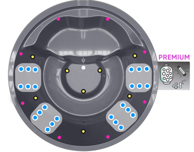 Top view of the layout of the gray round spa insert—hydro and air jets, LED lights, and filter location