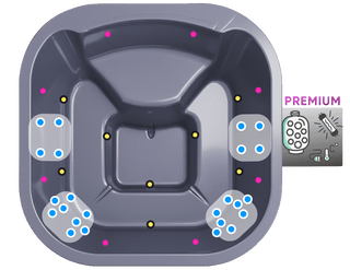 Icon showing the layout of the jets and LEDs in the square tub insert in grey color
