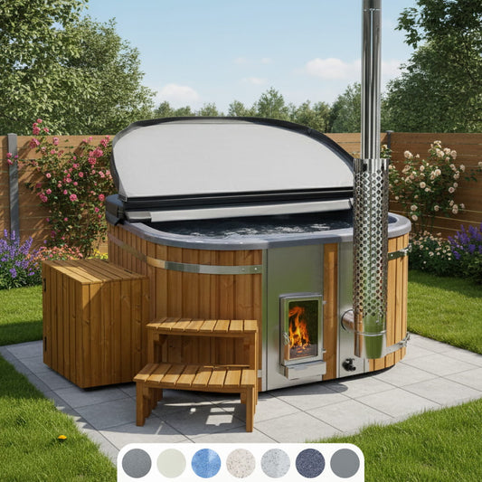 Square wood-fired hot tub with integrated Verta stove, open insulated cover, wooden steps and side filter box in a garden