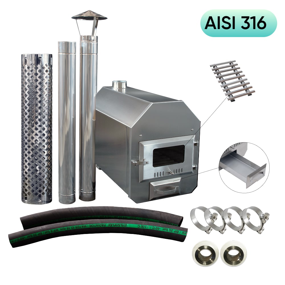 Collection of AISI 316 external stainless steel heater and components including pipes, and clamps on a white background.