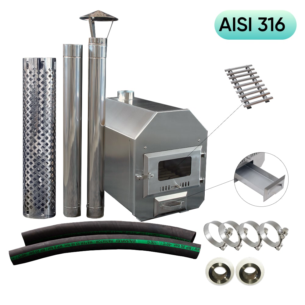 Collection of stainless steel AISI 316 components including pipes, a stove, and hardware on a white background.