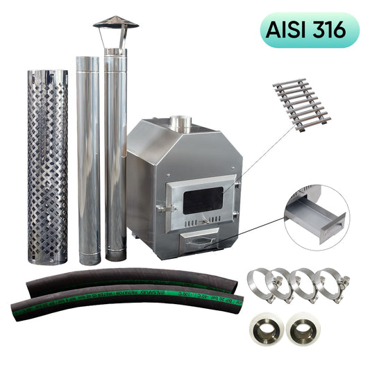 Collection of OCTA AISI 316 external stainless steel heater S components including a stove, pipes, and clamps on a white background.