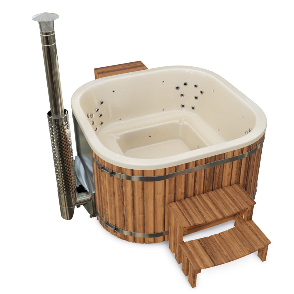 The square wood-fired hot tub is shown from above – with a white sparkle-colored liner and hydro jets