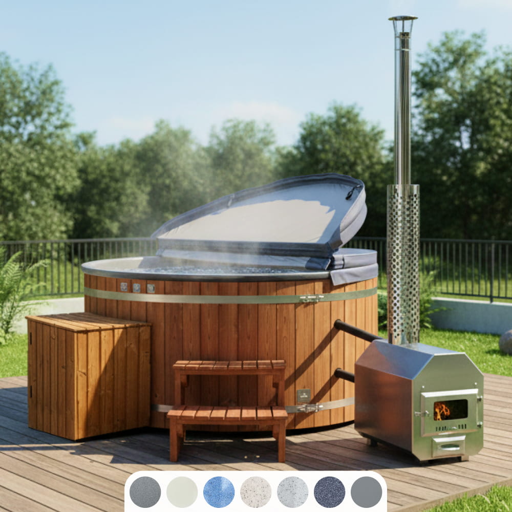 Filtr piaskowy premium balia ogrodowa | zewnętrzny piec na drewno | system filtracji | 24 dysze hydromasażowe | dla 4–8 osób