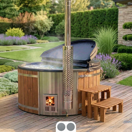 Outdoor wood-fired hot tub with integrated stainless steel stove and garden terrace setting