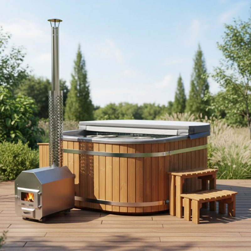 Outdoor view of square wood fired hot tub with light ThermoWood cladding, external stainless steel heater, and wooden steps