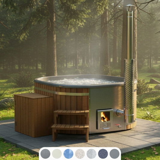 Square wood-fired hot tub with integrated stove, chimney and wooden steps in a forest setting