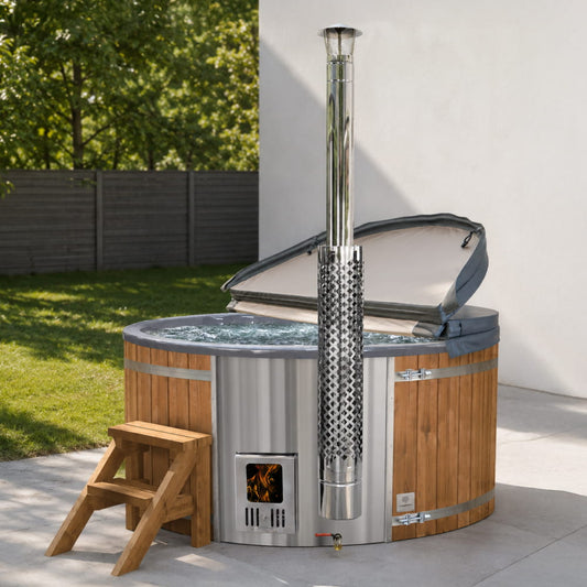 Wood-fired hot tub with integrated heater, chimney, open cover and standard wooden steps
