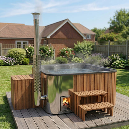Premium Square Wood-Fired Hot Tub with 34 Hydro Jets & Reclining Lounger – Seats 6