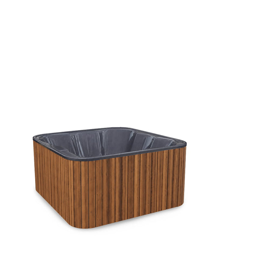 A square hot tub with a lounge seat and a dark gray interior liner, shown on a plain white background.
