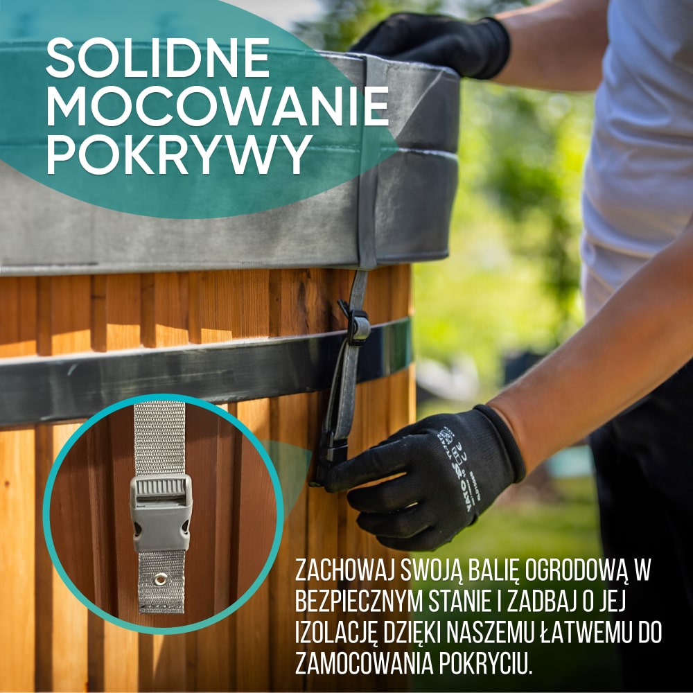 Close-up of hands fastening a secure strap on a wooden hot tub cover outdoors with greenery in background
