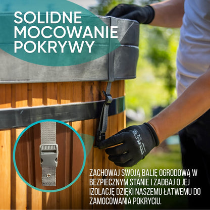 Close-up of hands fastening a secure strap on a wooden hot tub cover outdoors with greenery in background