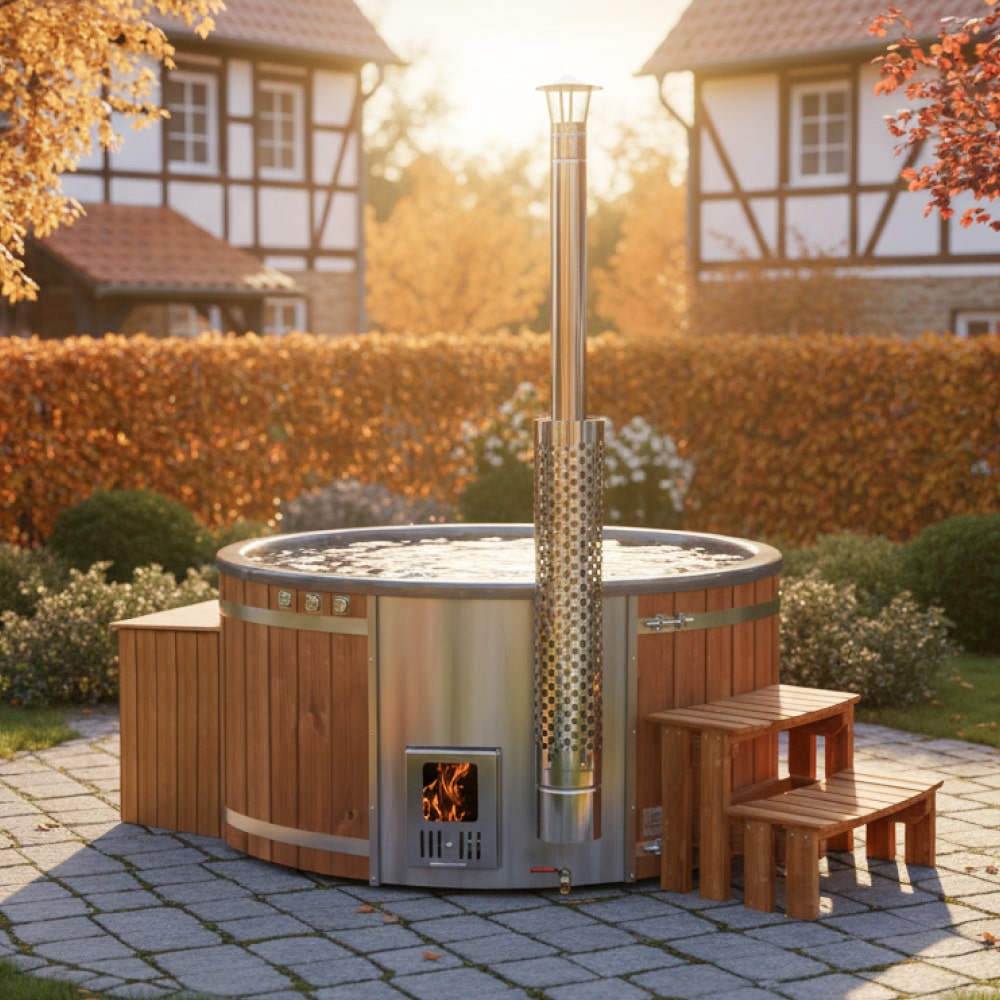 Filtr piaskowy premium balia ogrodowa | zintegrowany piec na drewno | system filtracji | 24 dysze hydromasażowe | dla 4–6 osób