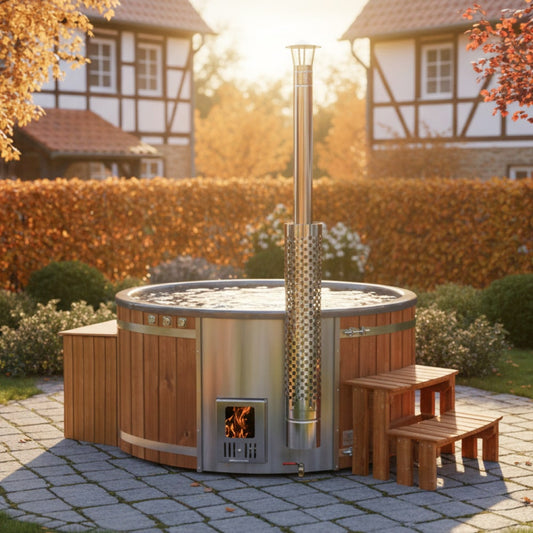 Filtr piaskowy premium balia ogrodowa | zintegrowany piec na drewno | system filtracji | 24 dysze hydromasażowe | dla 4–6 osób