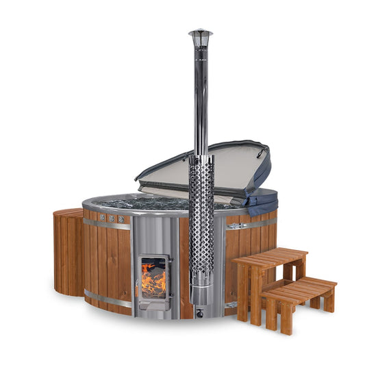 Wood-fired hot tub with wooden stairs on a white background