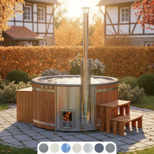 Round wood-fired hot tub with integrated stove, chimney and wooden steps in an autumn garden