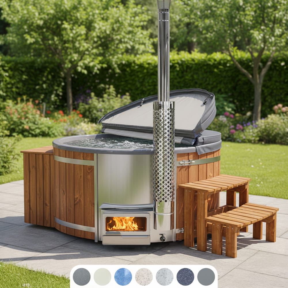 Round wood-fired hot tub with horizon stove, wooden cladding and garden patio setting