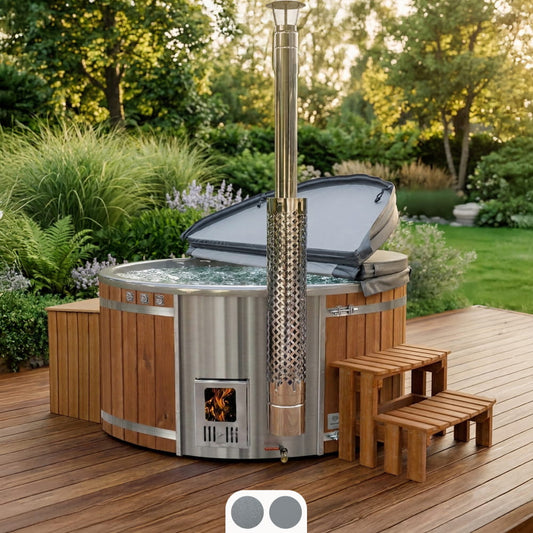 Round wood-fired hot tub with wooden cladding, visible fire and open insulated cover
