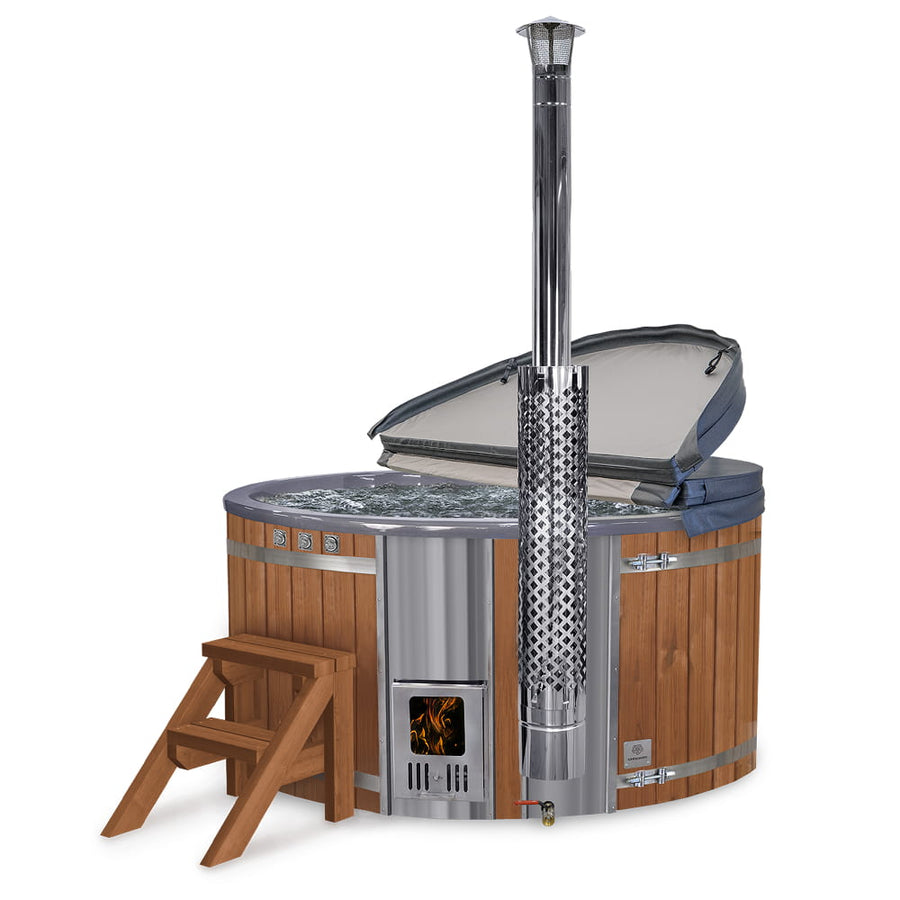 Wood-fired hot tub with standard wooden steps on a white background