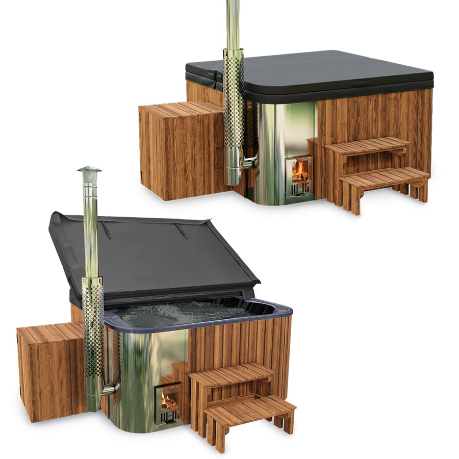 Premium Square Wood-Fired Hot Tub with 34 Hydro Jets & Reclining Lounger – Seats 6