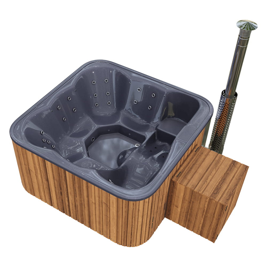 Premium Square Wood-Fired Hot Tub with 34 Hydro Jets & Reclining Lounger – Seats 6