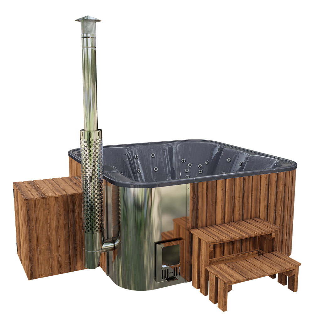 Square hot tub with hydro jets,  and wooden benches on a white backgroundilter box, stairs