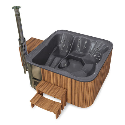 Premium Square Wood-Fired Hot Tub with 34 Hydro Jets & Reclining Lounger – Seats 6