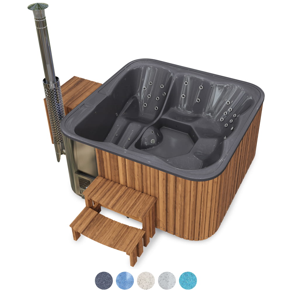 Product view of a square wood-fired hot tub with hydro massage, Thermowood cladding, reclining position, 34 hydro jets 