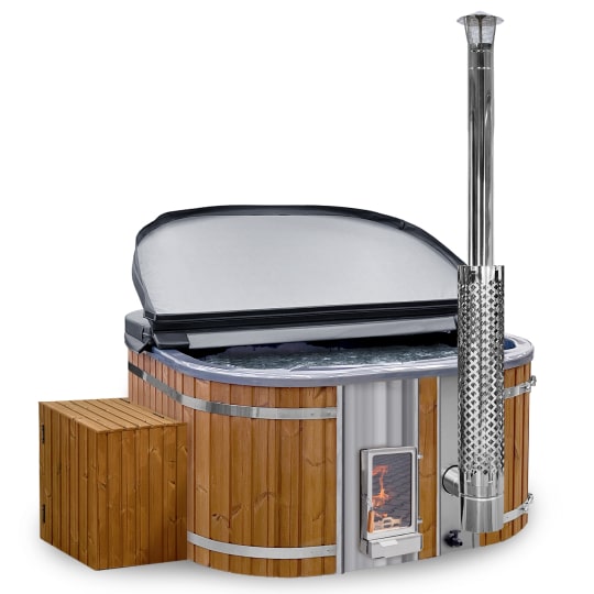 Square wood-fired hot tub with integrated stainless steel heater and insulated cover, shown in a compact product view.