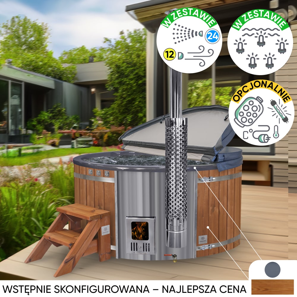 Balia ogrodowa | 24 dysze hydromasażu i 12 dysz powietrznych | Szara wkładka z włókna szklanego | dla 4–6 osób | Wstępnie skonfigurowana