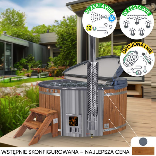 Wood fired hot tub | 16 hydro & 12 air jets | Grey fibreglass insert | for 4-6 Persons | Pre-configured