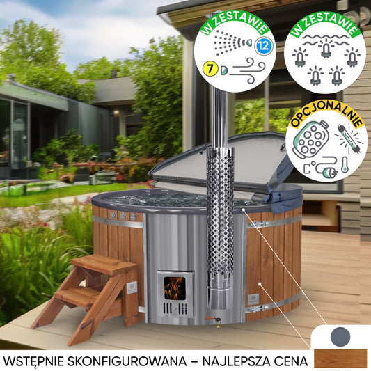 Wood fired hot tub | 12 hydro & 7 air jets | Grey fibreglass insert | for 4-6 Persons | Pre-configured