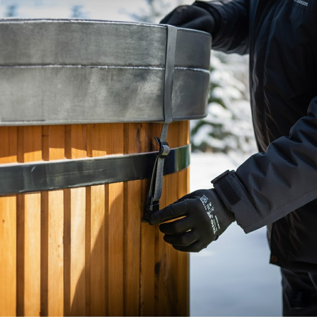 Securing strap for hot tub insulated cover attached to wooden tub exterior in winter conditions.