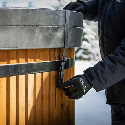 Person securing a hot tub's cover in a snowy outdoor setting
