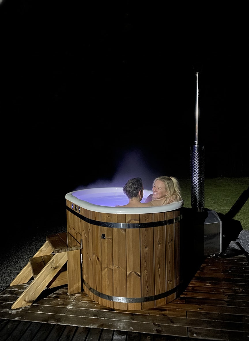 Night view of wooden hot tub with integrated stove, wooden steps, and two people enjoying steam rising from water