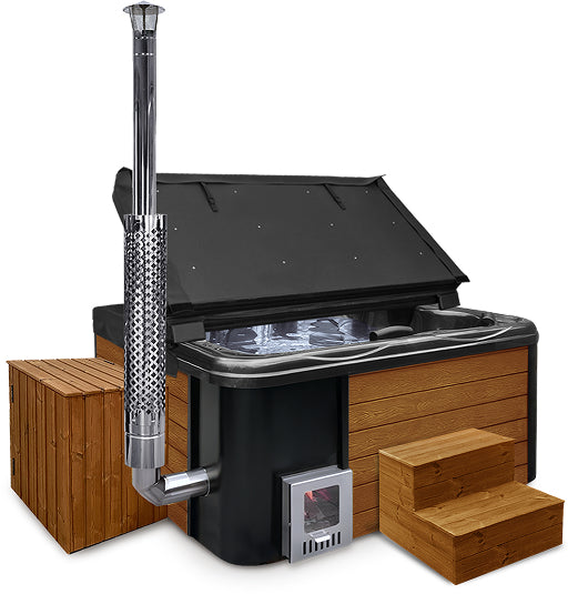 Square lounge wood-fired hot tub for 6 with integrated stainless steel heater and reclining seating position.